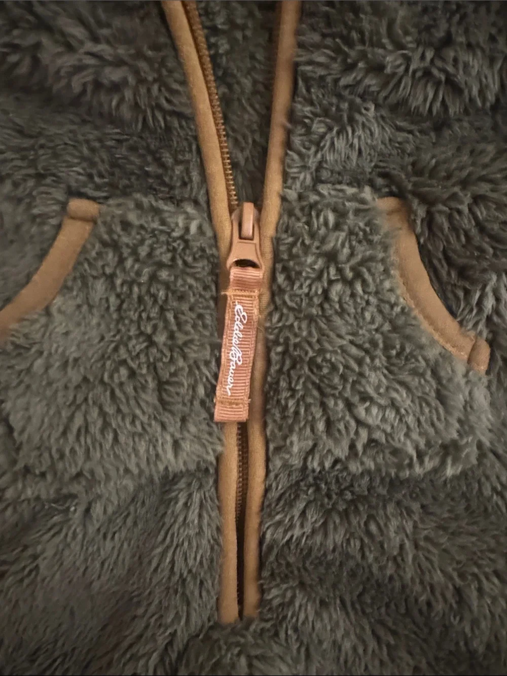 Eddie Bauer Olive and Camel Sherpa Footed One-Piece